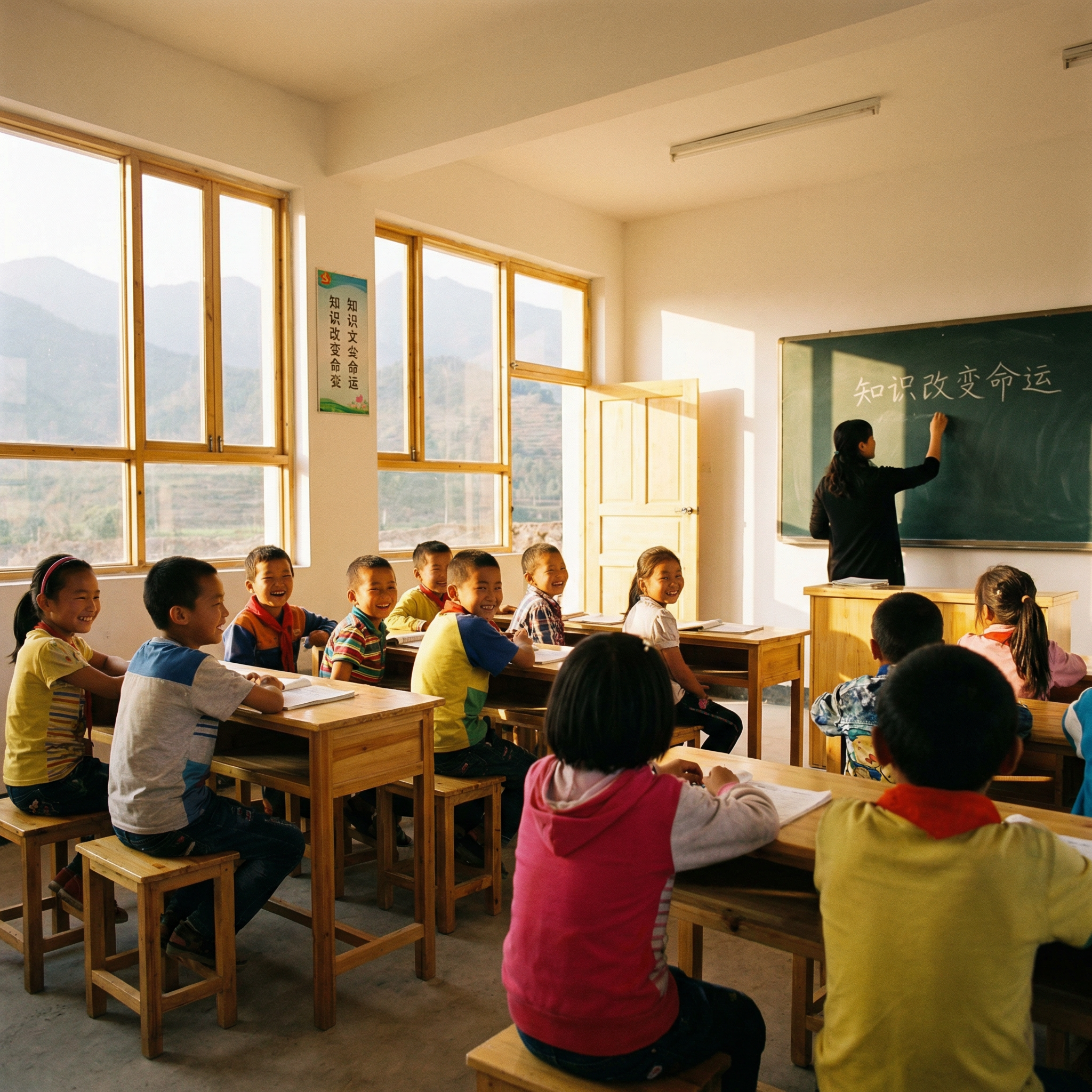 中國農村學校孩子在教室學習